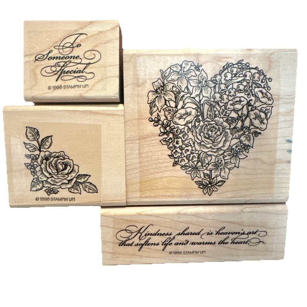 1998 Stampin' Up! Kindness Shared Wood‎ mounted Stamp Set 4 Pc Heart Flowers